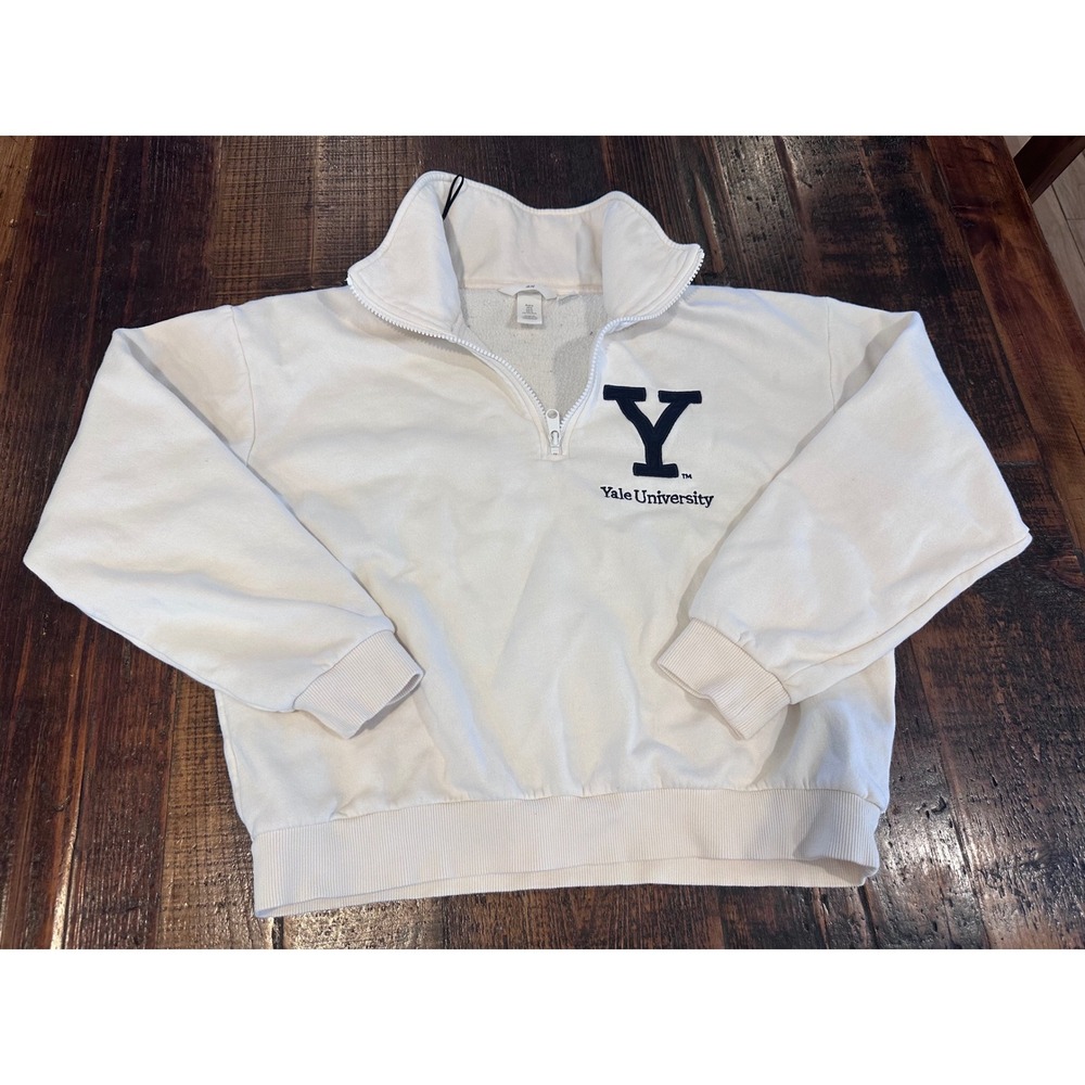 H&M Yale University Quarter Zip Sweatshirt Cream Collegiate Pullover Medium